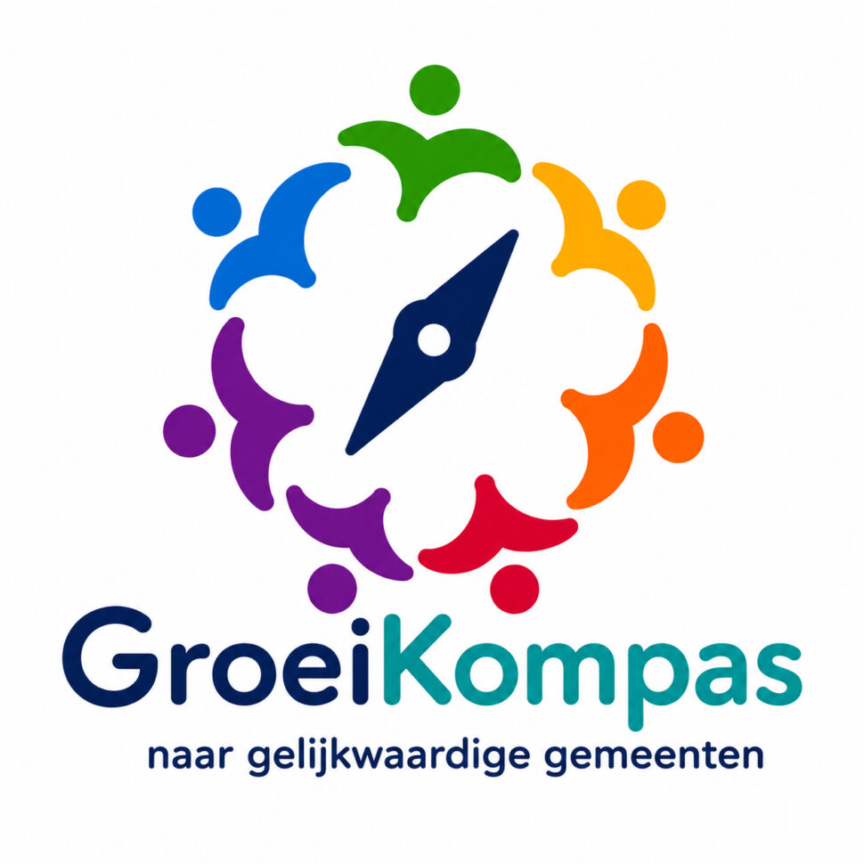 Logo van Groeikompas bestaat uit ring met verschillend gekleurde mensfiguren met daaronder de tekst: naar gelijkwaardige gemeenten